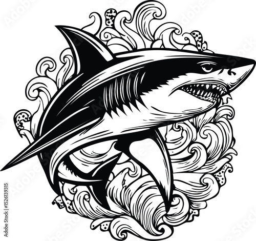 Dynamic Black and White Shark and Ocean Waves Illustration