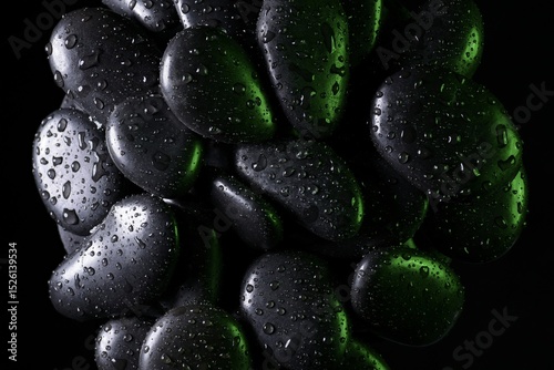 Black natural stones with dramatic lighting showing texture and reflections