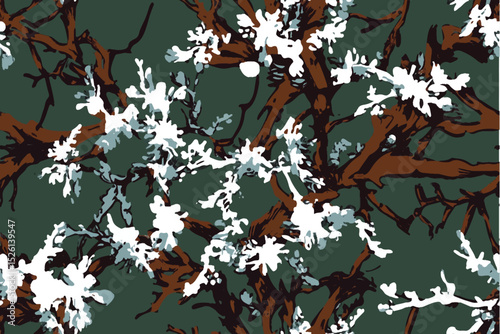 A camouflage pattern composed of white, brown, and green colors with an olive drab background.Camouflage seamless pattern. Forest real tree camouflage design. Hunting camouflage. Real tree camouflage 