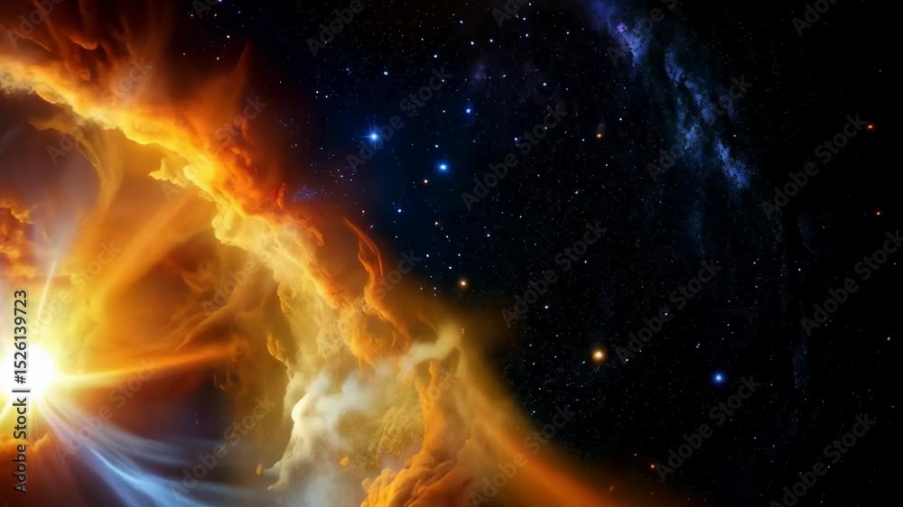 Radiant light bursts through orange and blue cosmic clouds, revealing distant stars in deep space abstract illustration