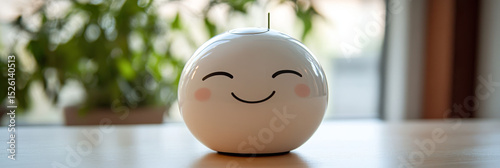 Adorable white robot with happy face rests on a wooden table. Modern AI companion brings joy.