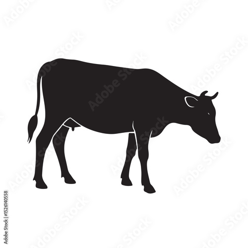 Dairy Cow Silhouette Grazing in Side View – Simple Farm Animal Vector on White