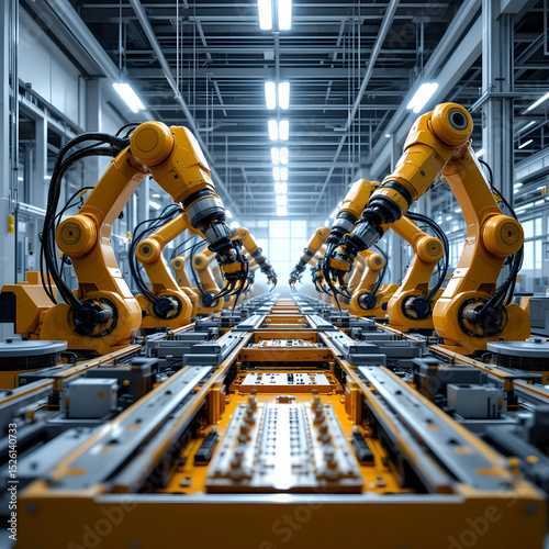 Industrial robotic arms working on in futuristic industry