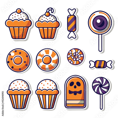 Assortment of halloween themed sweets including cupcakes candies and lollipops flat design style