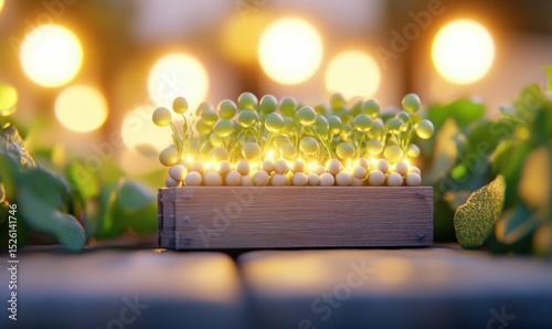 Glowing sprouts in wooden box, garden at dusk, whimsical growth, nature concept