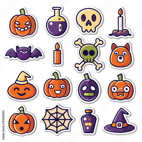 Collection of cute cartoon halloween stickers for holiday decoration and graphic design