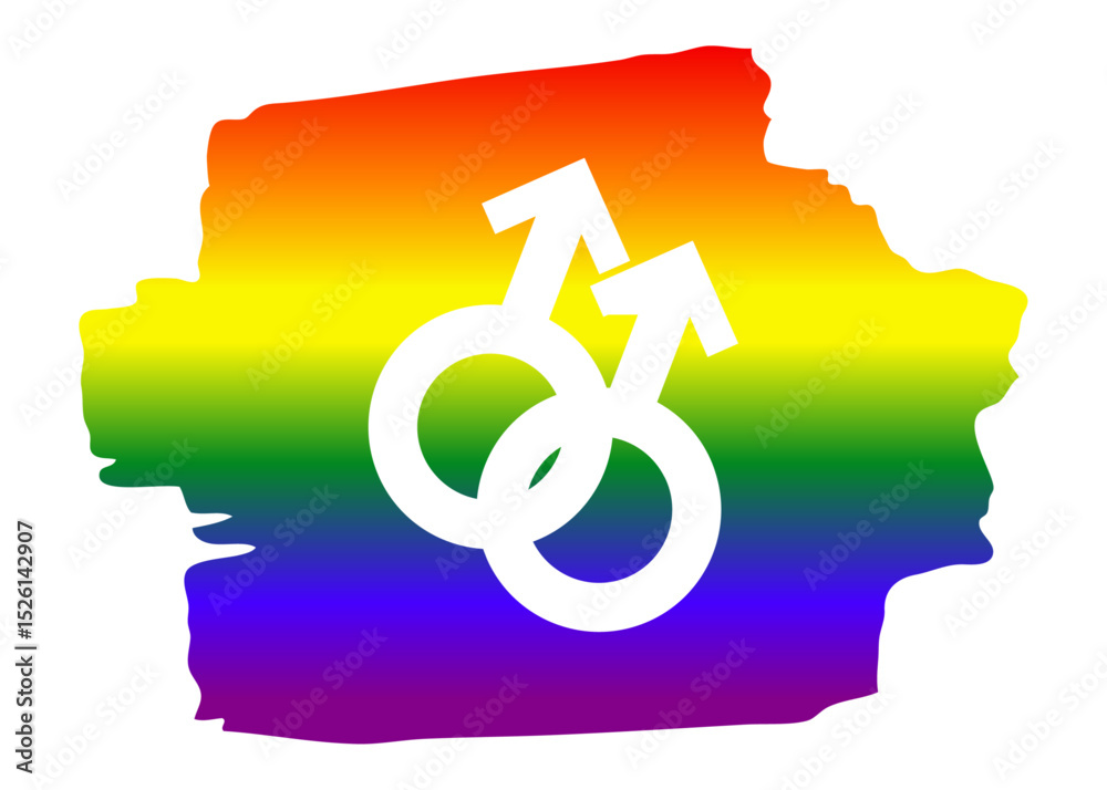 Logo lgbt. Mes del orgullo. Símbolos de género masculino entrelazados en trazo de pincel con degradado con los colores de la bandera arco iris