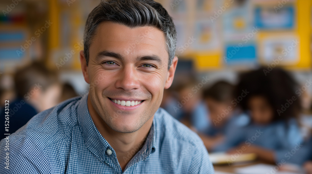 Obraz premium A happy multiethnic male teacher in a primary school classroom