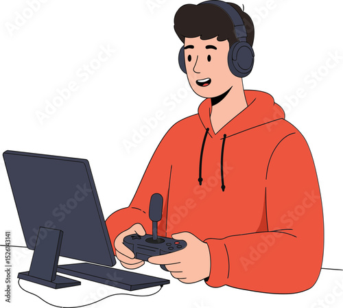 A friendly cartoon illustration of a young man wearing headphones and a hoodie, actively playing a video game.