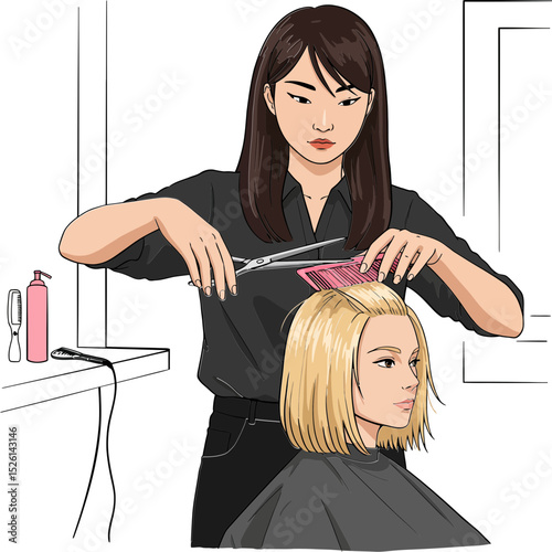 A professional hairdresser expertly cuts a woman's hair, showcasing a precise and attentive styling technique.