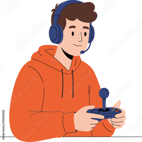 A friendly cartoon illustration of a young man wearing headphones and a hoodie, actively playing a video game.