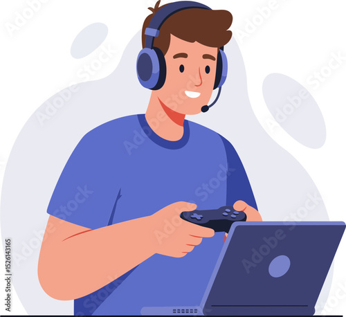A friendly cartoon illustration of a young man wearing headphones and a hoodie, actively playing a video game.