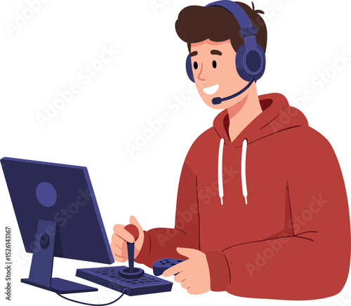 A friendly cartoon illustration of a young man wearing headphones and a hoodie, actively playing a video game.