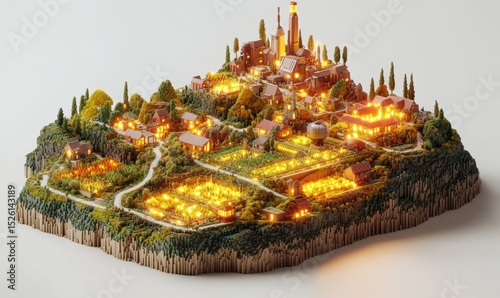 Illuminated village model, autumnal setting, night scene, stock photo
