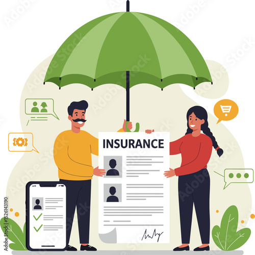 A cheerful illustration of a woman and a man, holding a paper insurance document and a smartphone displaying an insurance app.