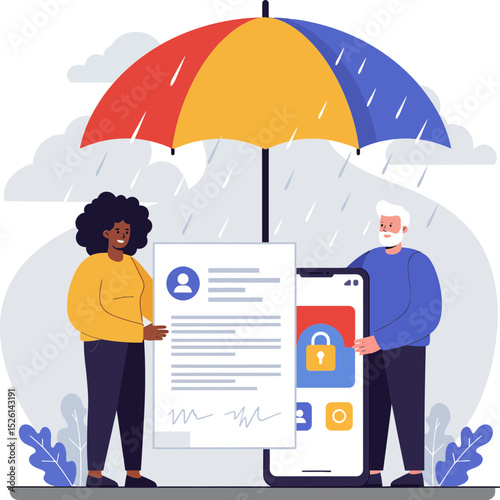 A cheerful illustration of a woman and a man, holding a paper insurance document and a smartphone displaying an insurance app.