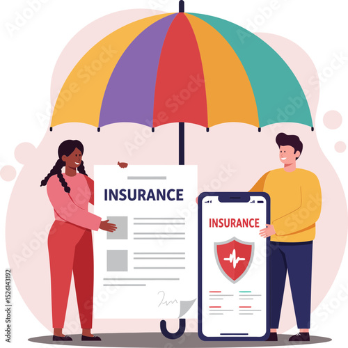 A cheerful illustration of a woman and a man, holding a paper insurance document and a smartphone displaying an insurance app.
