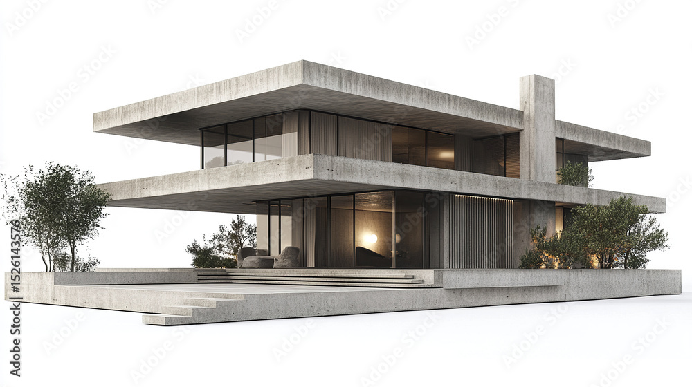 Fototapeta premium Modern concrete house with sleek design and large windows, surrounded by greenery