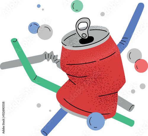 T-Shirt Design with Red Crushed Aluminum Can and Drinking Straws Vector Illustration