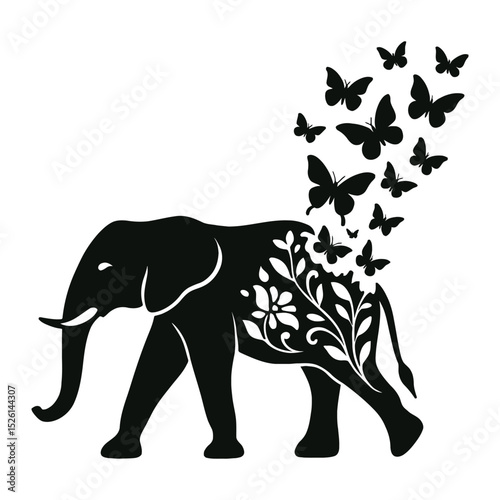 Floral Elephant Silhouette with Flying Butterflies