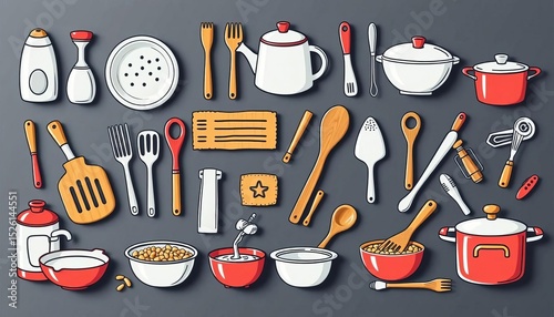 A cheerful doodle collection of kitchen utensils, cookware, and appliances  Perfect for cooking-themed designs,  recipe book,  oven
