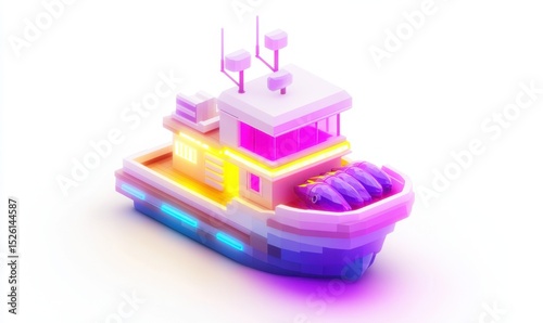 Low-poly fishing boat at sea, glowing lights, white background; game asset