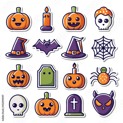 Cute and colorful halloween icons set featuring pumpkins bats spiders and various holiday elements