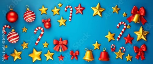 A vibrant collection of Christmas icons including ornaments, candy canes, stars, bells, and a Christmas tree, all on a blue background,  merry christmas,  ornaments