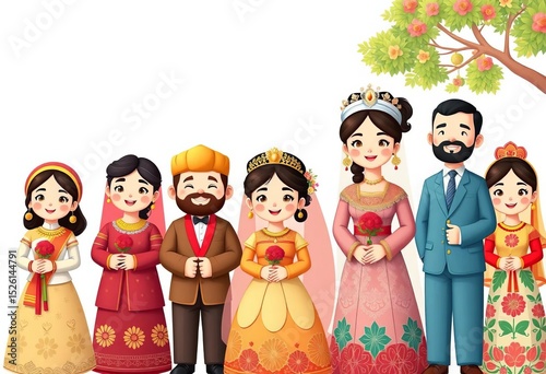 A vibrant collection of cartoon couples in diverse wedding attire, showcasing various cultural traditions and folk patterns,  groom,  flat