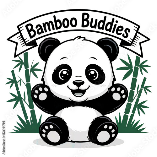 Adorable cartoon panda with bamboo buddies photo