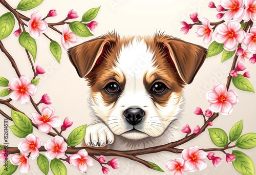 Charming puppy portrait framed by blossoming branches and leaves, hand-drawn style,  frame,  line art