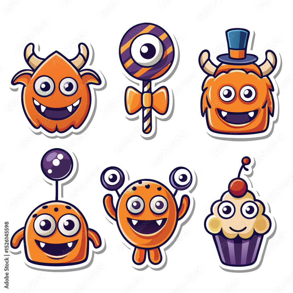 Fototapeta premium Cute cartoon monster characters and dessert elements stickers in a fun and playful arrangement