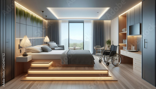 A modern bedroom designed for disabled accommodation with wide spaces and support rails.