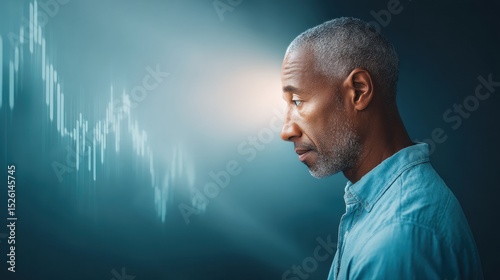 Stressed businessman analyzing downward financial chart in modern office, depicting economic downturn and market crash anxiety in business innovation context