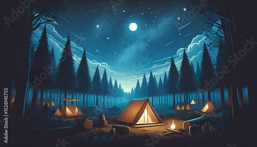 Tent under the stars in a peaceful forest campsite, representing outdoor accommodation in nature.