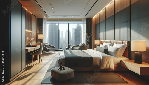 Modern hotel room interior with cozy bed, city view window, and minimalist furniture for business travelers.