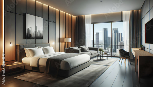 Modern hotel room interior with cozy bed, city view window, and minimalist furniture for business travelers.