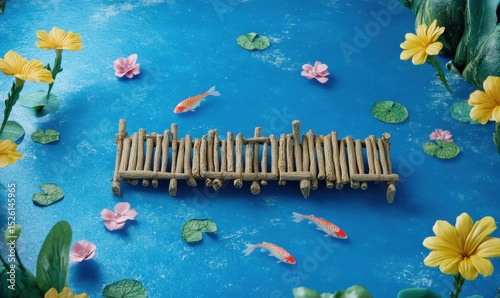 Miniature koi pond scene with tiny bridge, flowers, and lily pads. Ideal for serenity, nature, and zen themes