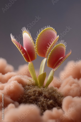 Close-up of Venus flytrap plants with open textured traps and trigger hairs on moss, showcasing natural entrapment and biological adaptation for eco-conscious content