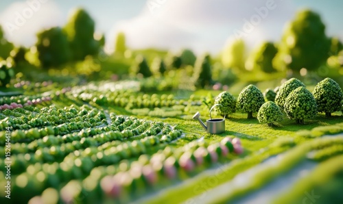 Miniature landscape, garden watering, springtime, eco-friendly, sustainable farming