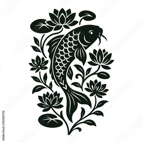 Koi Fish with Water Lily and Floral Pattern Silhouette