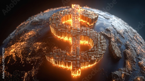 A glowing dollar sign rises from a dark globe, symbolizing global finance, economics, and the influence of money worldwide.