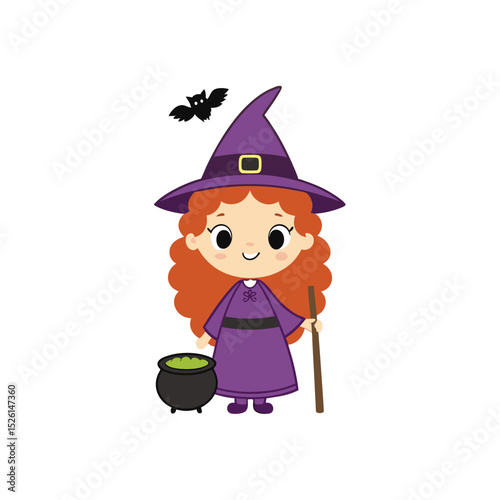 Cute cartoon witch with red hair in purple outfit surrounded by halloween elements