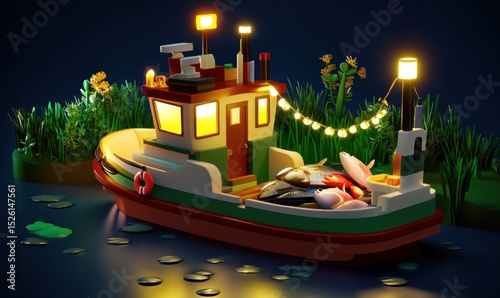 Night fishing boat, riverbank, illuminated, catch, tranquil scene, for children's book