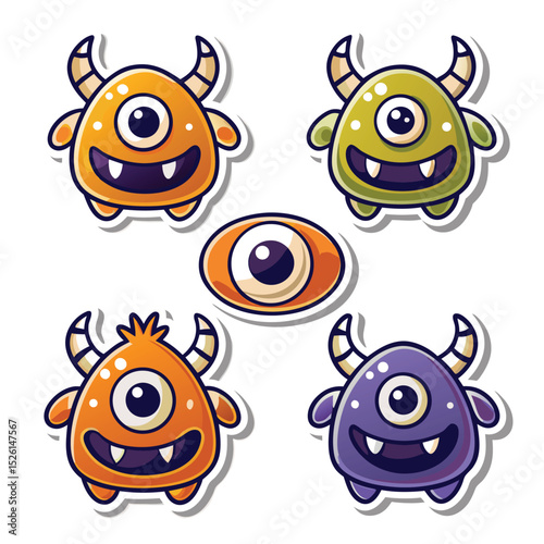 Cute colorful monster characters with one eye and horns on a white background vector illustration