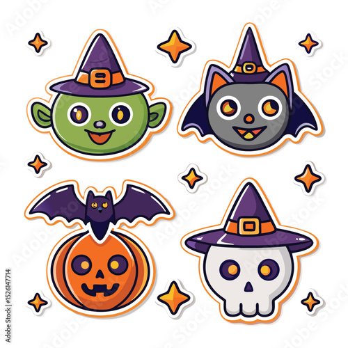 Cute halloween characters vector illustration featuring witch goblin bat pumpkin and skull elements