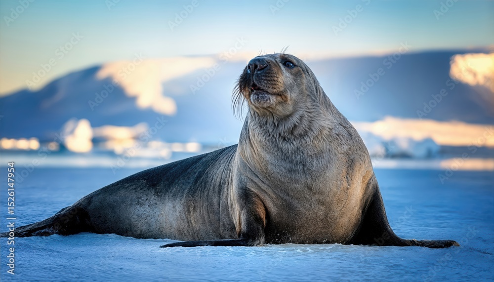 Naklejka premium Elephant Seal Mirounga leonina Basking on Antarctic Icebergs, Majestic Mammal Captured in HighResolution during a Gigapixel Moment, Icy Blue Scene Radiating Tranquility and Power.
