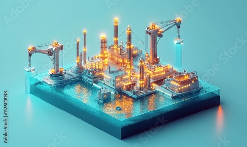 Offshore oil rig, illuminated at night,  ocean platform, energy production, industrial scene, 3D render, for energy industry reports