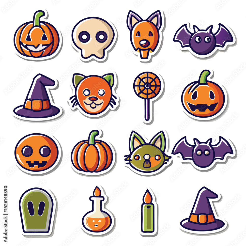 Naklejka premium Cute halloween stickers collection featuring pumpkins bats skulls cats candles and witch hats for spooky designs