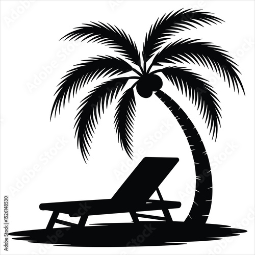 a beach scene with a single sun lounger placed under a tall, curved palm tree